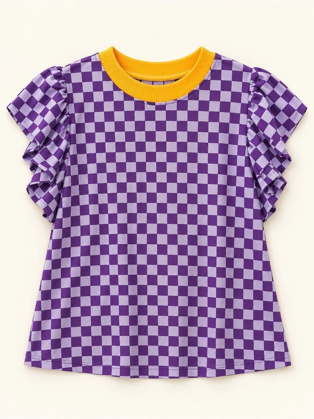 Purple Checkered Ruffle Sleeve Dress